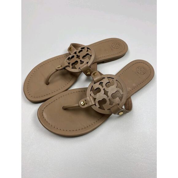 Tory Burch Miller Leather Thong Flip Flop Women Sandal Vintage Large Logo Sz 9.5 - Picture 2 of 6